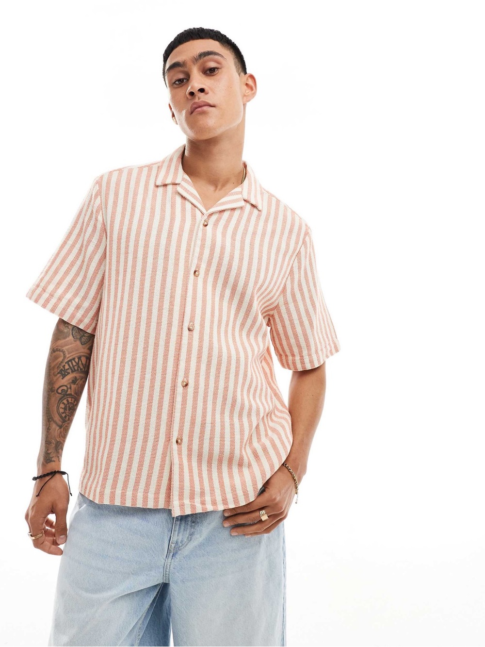 ASOS Design Relaxed Camp Collar Shirt in Orange Basket Stripe